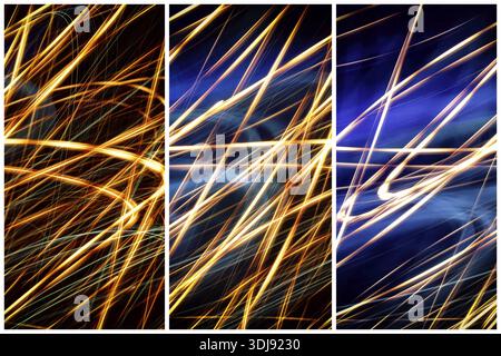 The triptych Lightpainting presents modern urbanism using vibrant funky colours. The process of creation uses traditional DSLR photography, long expos Stock Photo