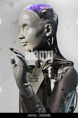 Humanoid robot for human-machine communication, artificial intelligence, AI, exhibition, history of the future, Germany Stock Photo
