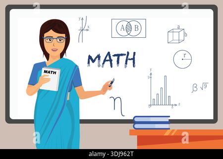 Woman Teacher in Classroom Vector Illustration Teaching English on Blackboard for Education, School, Learning, Teaching Profession, and Academic Conce Stock Vector