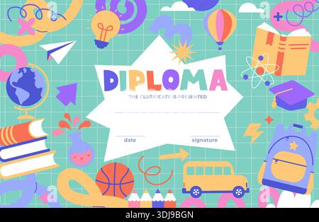 Kids Diploma certificate on math copybook background. Colorful template of school and preschool diploma certificate for kids and children in kindergarten or primary grades with school equipment.Vector Stock Vector