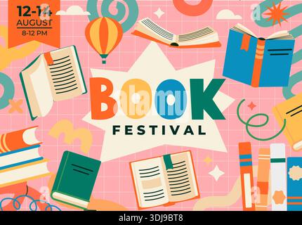 Book festival bright poster. banner. Book fair concept with open and close books. Education, culture festival day, library or literature event. Day for self education.Book sale day.Vector illustration Stock Vector