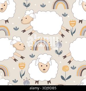 Seamless background with funny white sheep and doodle flowers. Nursery background design for prints, fabric, textile, wallpaper, wrapping paper Stock Vector