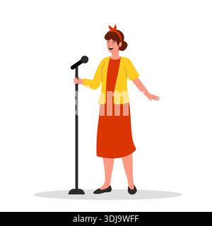 Girl with her eyes closed enjoys singing. Woman in red dress into microphone standing. singing, smiling. Flat vector illustration Stock Vector