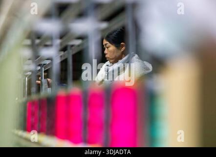 CONGJIANG, CHINA - JANUARY 25, 2026 - A worker is using a CNC machine to produce embroidery products in a production workshop of an embroidery enterprise in Congjiang County, Guizhou Province, China on January 25, 2026. Stock Photo