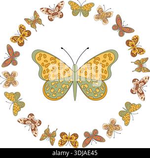 Groovy Retro Butterfly Seamless Circle Frame Pattern Stock Vector