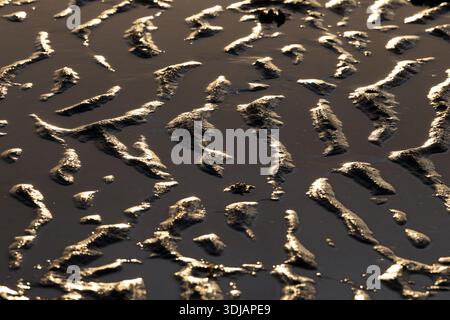 Sunlight reflects off rippled wet sand, creating abstract patterns on a beach on Viti Levu, Fiji. Stock Photo