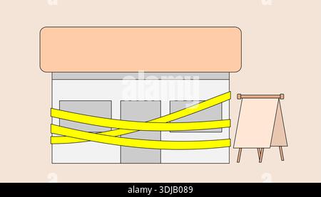 Building with yellow tape on it. The tape is wrapped around the building and is tied to the front door Stock Vector