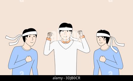 Three men wearing white headbands are teamwork. with one of them holding his hands up in the air. Concept of camaraderie and teamwork Stock Vector