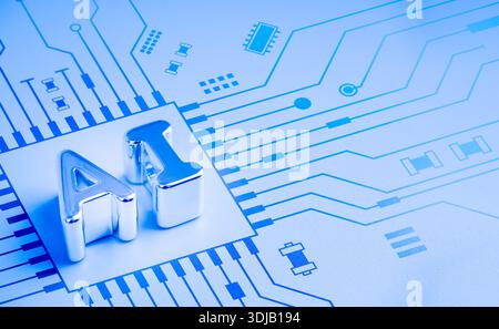 Futuristic AI concept with 3d silver metallic letters on abstract electronic circuit board background. Symbolizing artificial intelligence, machine le Stock Photo