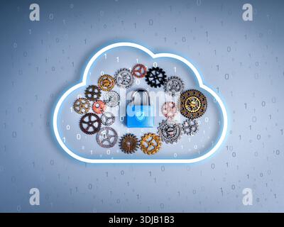 Cybersecurity concept with cloud icon, mechanical gears, and blue padlock, representing cloud data protection, secure cloud management, system integra Stock Photo