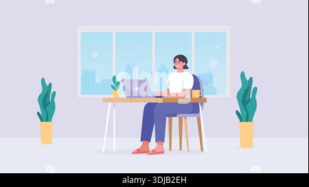 Young Woman Working from Home on Laptop in Modern Bright Interior with City View Workspace Stock Vector