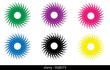 Colorful Sunburst Frame Collection with Jagged Edge Circle Border Set in Green Purple Pink Blue Black and Yellow Modern Geometric Spiky Ring Shapes Stock Vector