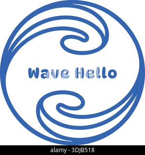 Circular emblem with swirling wave shapes around wave hello text in a blue graphic style Stock Vector