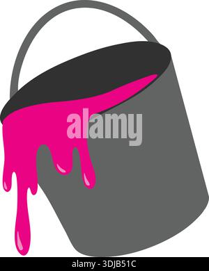 Gray paint bucket with bright magenta paint dripping over the rim in a flat graphic style Stock Vector
