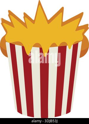 Red and white striped popcorn container filled with yellow popped kernels Stock Vector