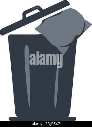 Minimal illustration of a dark trash bin with a lid slightly open and a cloth draped over it Stock Vector