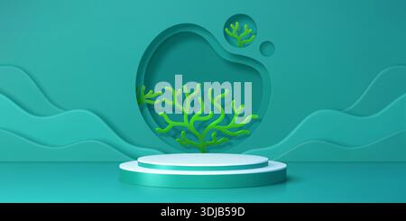3d podium stage with sea green corals. Vector abstract underwater scene with coral shapes and layered paper cut waves. Realistic marine background in blue and green for product display or presentation Stock Vector