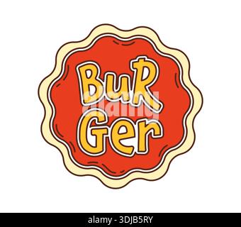 Cartoon groovy hippie burger label with retro y2k vibe, features bold playful letters on a bright rounded emblem with wavy edges. Funky comic fast food sign full of quirky fun. Fasfood label or emblem Stock Vector