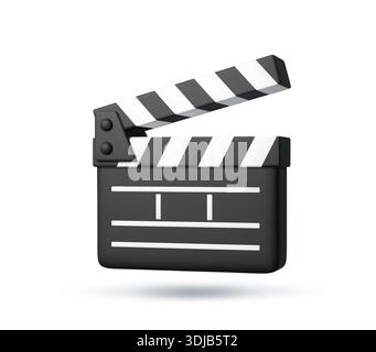 3d movie clapper board, video production icon. Classic black and white clapperboard with striped top in open position for movie posters, vector tool for video content creation, filmmaking tutorial Stock Vector