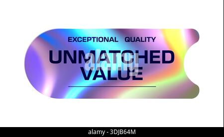 Chrome gradient hologram Y2K unmatched value sticker or label. Authenticity certification metallic iridescent Y2K patch, official guarantee chrome hologram vector tag. Premium quality sticker or label Stock Vector