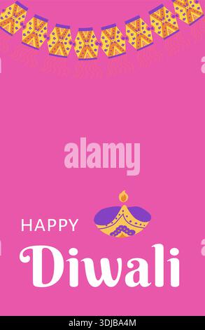 India Diwali vertical banner with diya and lantern. Traditional indian festival banner design. Stock Vector