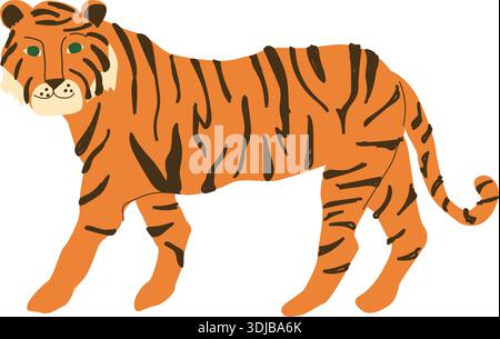 Cartoon bengal tiger isolated. Hand drawn Flat vector illustration of Indian animal. Wild cat tiger on transparent background. Stock Vector