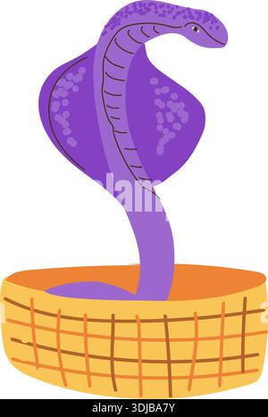 Indian cobra in basket. Cartoon snake vector illustration isolated on transparent. Cobra animal can used for creative designs, dancer banners and stic Stock Vector