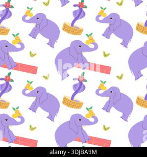 Pattern with indian elephant and cobra in basket. Abstract tropical print on white background. Cute childrens animals print for textile, fabric. Stock Vector