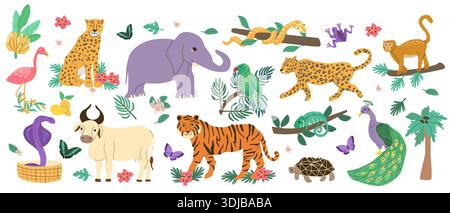 Set of India animals. Cartoon flat vector illustration isolated on white. Bengal tiger, peacock, white cow or zebu, star turtle, cobra and rose ringed Stock Vector