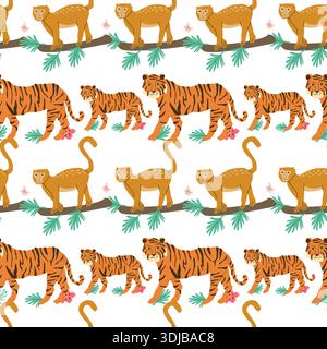 Vintage pattern with indian bengal tiger and macaque. Cartoon flat illustration isolated. Tiger and monkey animal abstract pattern. Stock Vector