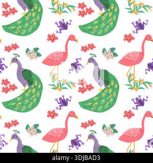 Tropical birds pattern peacock and flamingo, frog and orchid flowers. Abstract floral and animal pattern with peacock. India animal texture design. Stock Vector