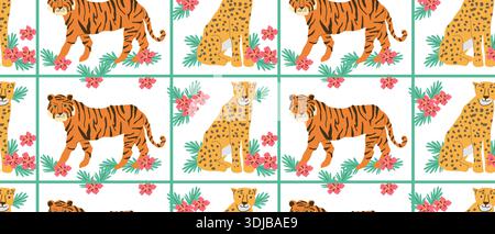 Abstract bengal tiger and leopard with flowers seamless pattern in square. Cute animal print in cartoon flat style. Vector illustration on white backg Stock Vector