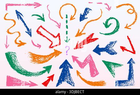 Bold crayon arrow set with textured chalk strokes - colorful hand drawn pointers. Vector rough pencil directional symbols, curved lines and question mark for playful infographic or presentation layout Stock Vector