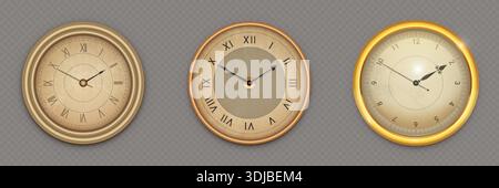Elegant vintage clock with golden frame and classic Roman numerals. Antique wall timepiece with luxury Victorian design and traditional dial face. Decorative vintage clock in rich metallic finish. Stock Vector