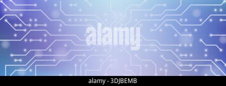 Circuit board technology background with digital semiconductor patterns and AI elements. Abstract tech white lines on blue motherboard texture. Electronic network connection with glowing circuit paths Stock Vector