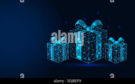 Low poly wireframe three gift boxes with bows on dark blue background. Stock Vector