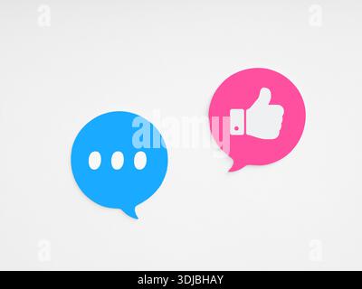 Social media icons representing communication and approval are displayed on a white background Stock Photo