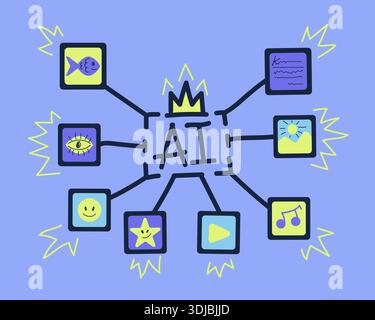 Blue and lemon cartoon outline AI creation text, video, art, music content Stock Vector