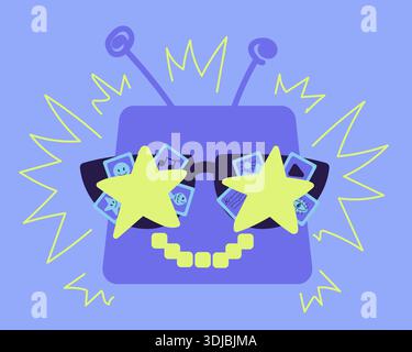 Blue and lemon cartoon outline AI robot creation text, video, art, music content Stock Vector