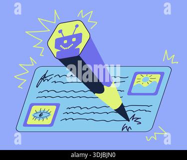 Blue and lemon cartoon outline AI pencil creation text content Stock Vector