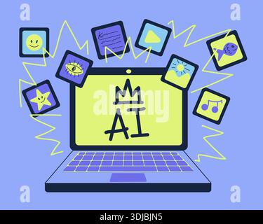 Blue and lemon cartoon outline AI in laptop creation text, video, art, music content Stock Vector
