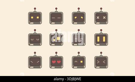Stickers and doodles emoji chatbot-style faces. Ai robotic avatar retro style illustration Stock Vector