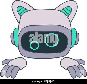 Sticker outline emoji chat-bot style face. Confused emotion. Ai cat robotic avatar illustration Stock Vector