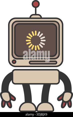 Sticker outline chat-bot loading character. Ai robotic avatar retro style illustration Stock Vector