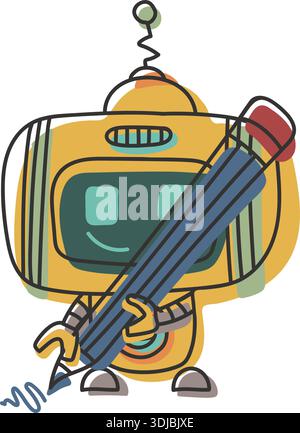 Sticker doodle chat-bot yellow character drawing with pencil. Ai robotic avatar retro style illustration Stock Vector