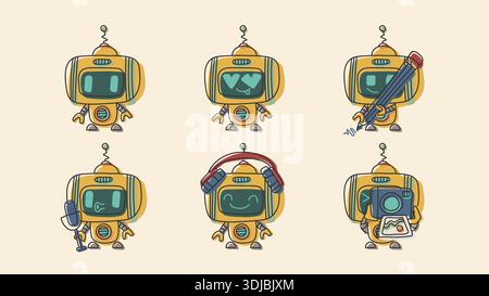 Stickers and doodles robot character. Ai robotic avatar retro style illustration Stock Vector