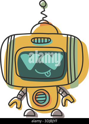 Sticker doodle chat-bot yellow character in love. Ai robotic avatar retro style illustration Stock Vector