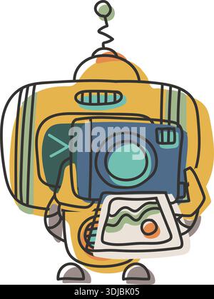 Sticker doodle chat-bot yellow character with photo camera. Ai robotic avatar retro style illustration Stock Vector