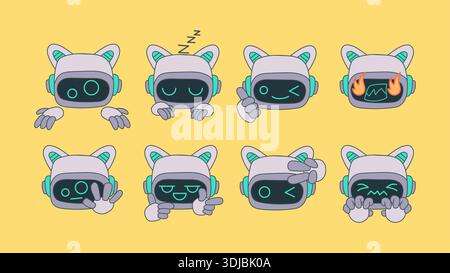 Stickers and doodles emoji chatbot-style faces. Ai robotic avatar retro style illustration Stock Vector