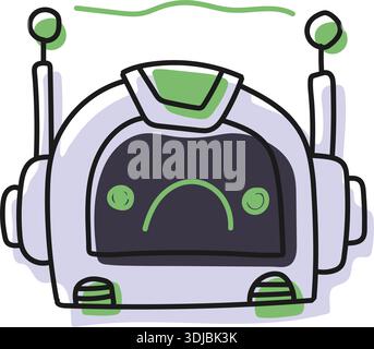 Sticker emoji chat-bot style face. Sad emotion. Ai robotic avatar doodle style illustration Stock Vector
